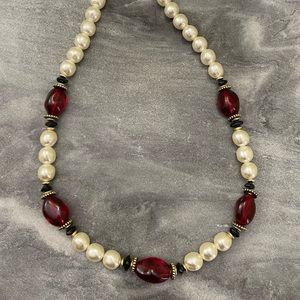 Vintage Faux Pearl Red Beaded Necklace